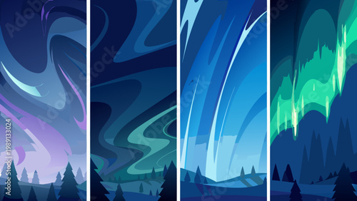Abstract vertical panels showcase swirling aurora borealis over silhouetted evergreen trees