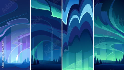 Abstract vertical panels depict vibrant aurora borealis scenes over silhouetted forests