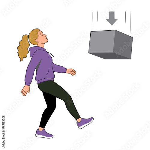 A woman wearing purple clothing dodges a falling gray box quickly outdoors.