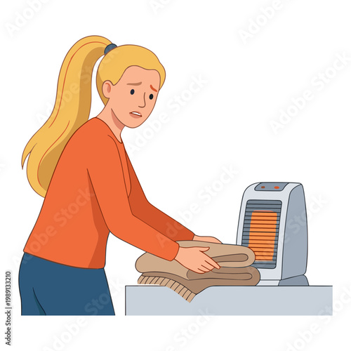 Woman dries clothes on electric heater at home indoors.
