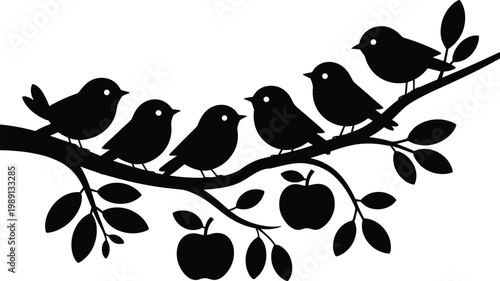 Birds sitting on apple tree branch silhouette, black wildlife nature illustration with leaves and fruits isolated on white