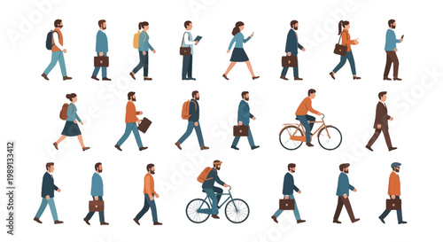 Diverse flat vector illustration of people walking and commuting with various accessories and styles.