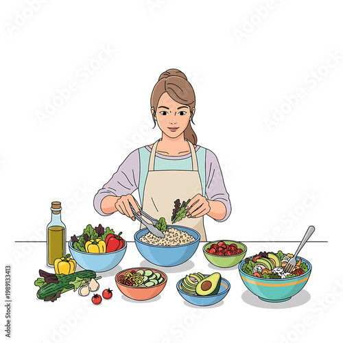 Woman preparing a healthy salad meal.