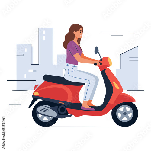 A woman rides a red scooter through a cityscape on a sunny day.