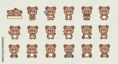 Cute Brown Bear Cartoon Characters.