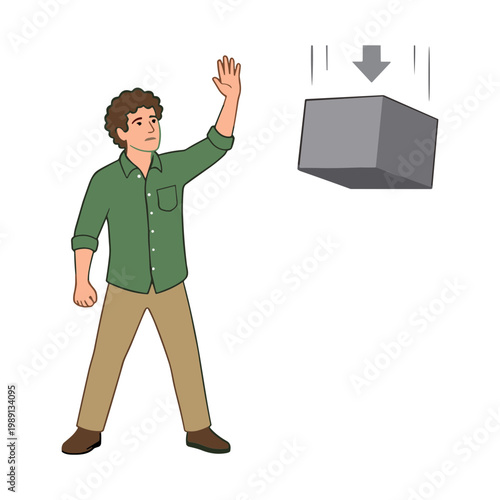 A man waves at a falling gray box in mid-air.