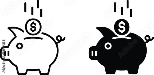 Minimalist Piggy Bank and Falling Dollar Coin Icon Set, Modern Personal Finance and Wealth Accumulation Vector Graphics.