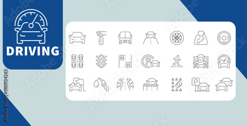 Driving School & Road Safety Line Icon Set, Car Driving Test Traffic Rules Outline Icons