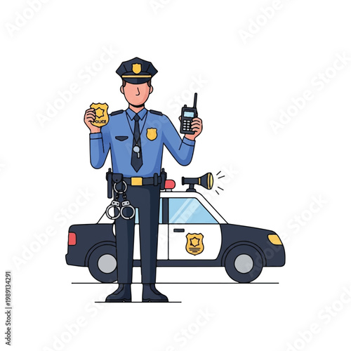 Police officer standing next to patrol car holding badge and radio.