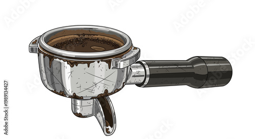 Espresso portafilter filled with coffee grounds, isolated on white background.