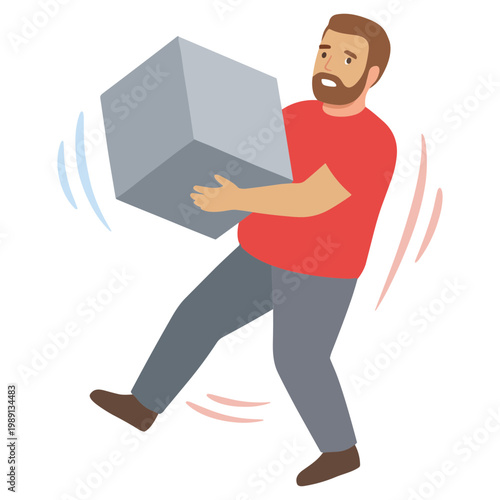 Man struggles to move large heavy cube with effort and strain