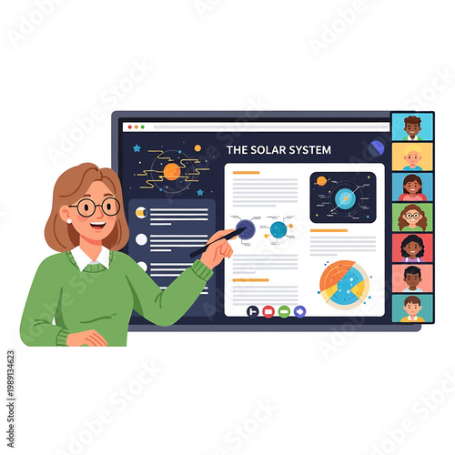 Woman pointing at solar system education.