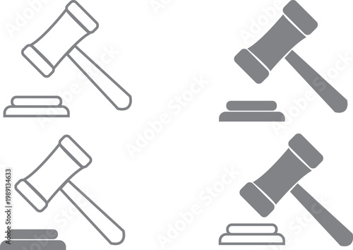 Grey Minimalist Judge Gavel Silhouette Set, Professional Legal Hammer Vector Illustration Web Icon Clipart Symbol Collection White Background