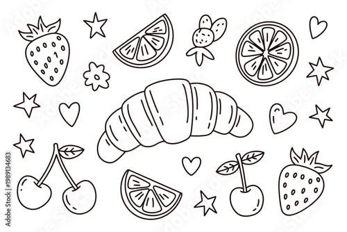 Hand drawn fruits croissant hearts stars and flowers doodle.