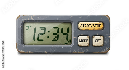 Retro digital timer with start stop buttons and display showing 12:34