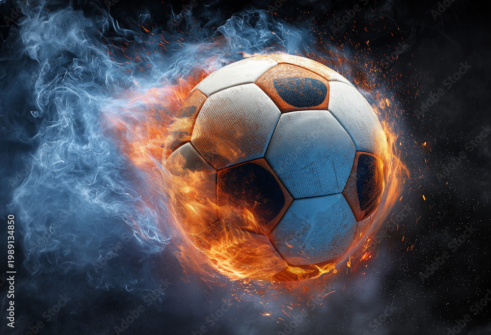 Naklejka premium a soccer ball engulfed in fire flames, soaring through the air.