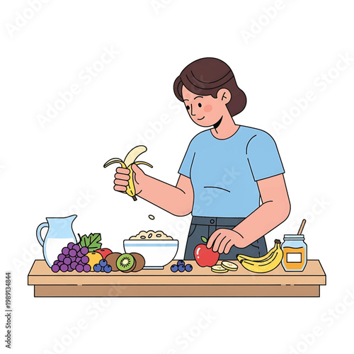 Woman preparing healthy breakfast foods.