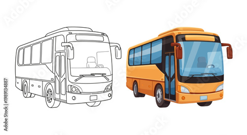Orange Bus Outline and Full Color Illustration