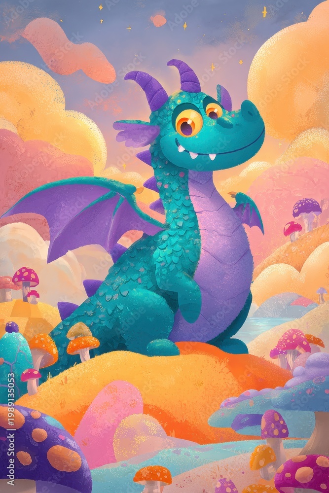 Fototapeta premium Cute teal dragon with purple wings in a candy-colored magical world
