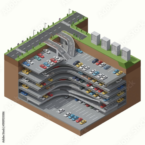 Cross section of a multi level underground parking garage with cars.