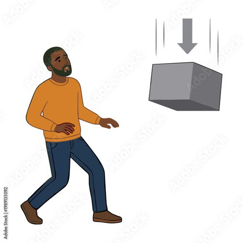 Man running from falling gray cube in city street scene outdoors