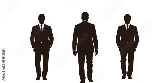 Vector graphic illustration of three professional businessmen silhouettes in formal suits standing with reflections.