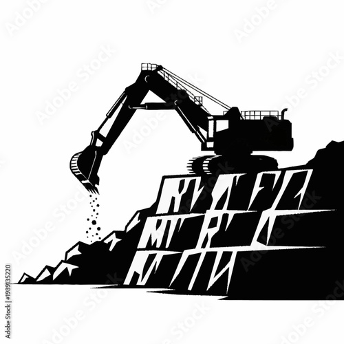 Excavator Machine Digging Rocks Construction Site Silhouette.