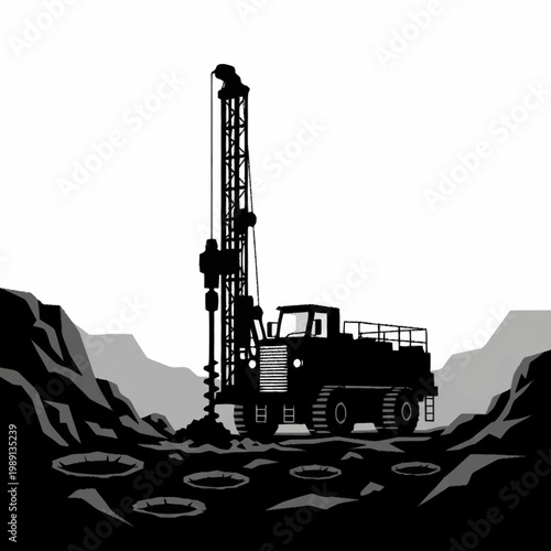 Heavy duty drilling rig machine working in a quarry site.