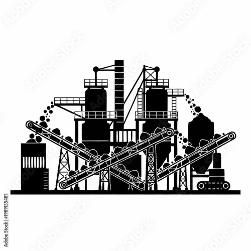 Industrial Gravel Crushing Plant with Conveyor Belts and Silos.