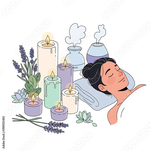 Woman Relaxing with Aromatherapy Candles.