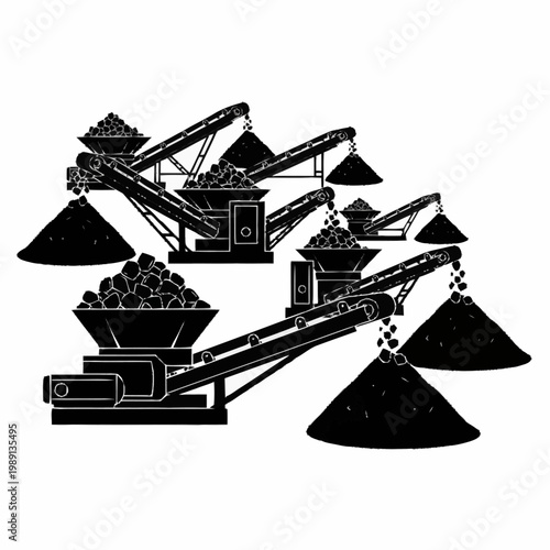 Industrial mining crushing machines processing raw materials.