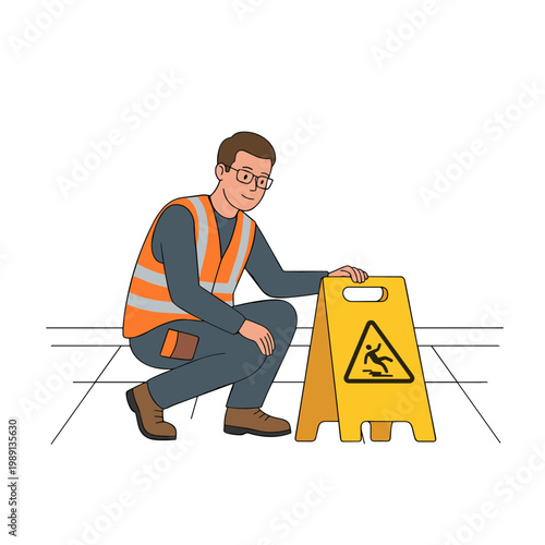A construction worker kneels beside a yellow caution sign on a sidewalk.