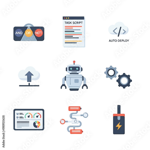 Set of icons representing technology and automation concepts.