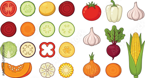 Vegetable Slice and Whole Food Vector Set with Tomato, Cucumber, Carrot, Onion, Garlic, Corn, and Beetroot for Healthy Cooking, Organic Diet, and Kitchen Design