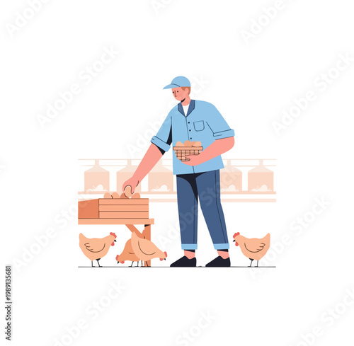 Farmer gathering eggs illustration poultry farm agriculture concept