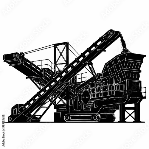 Industrial rock crushing machine with conveyor belts illustration.