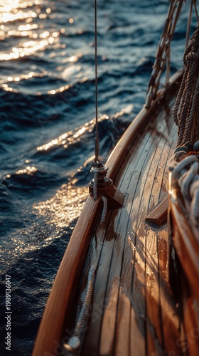 Sailing Boat Bow at Sunset: Wooden Hull Sunlit Waves
