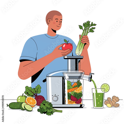 Man making juice with vegetables.
