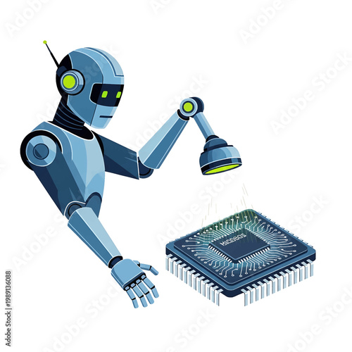 Robot Holding Computer Chip Closeup.
