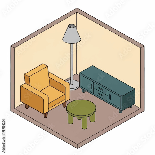 Isometric view of a living room furniture arrangement.
