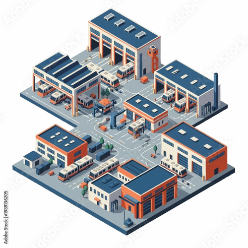 Isometric view of a bus depot with multiple garages and buses.