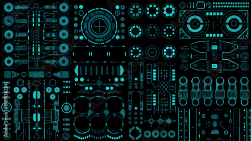 A complex arrangement of glowing teal futuristic interface elements on a black background