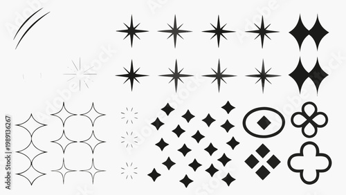 Assorted black starbursts diamonds and geometric shapes on a plain white background
