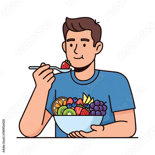 Man eating fruit from bowl.