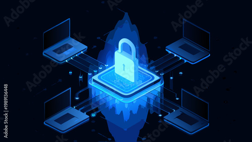 Digital security concept featuring a glowing padlock surrounded by interconnected devices