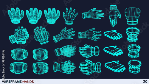 A collection of glowing blue wireframe hands and cylindrical objects are displayed