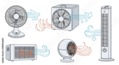 Collection of household fans and heaters shows different methods of cooling and heating with visible airflow lines for each appliance.