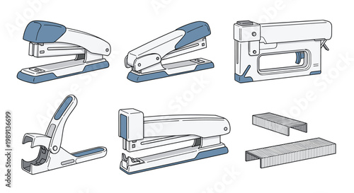 Assortment of office supplies features various types of staplers, a staple remover tool, and boxes of metal staples on white background.