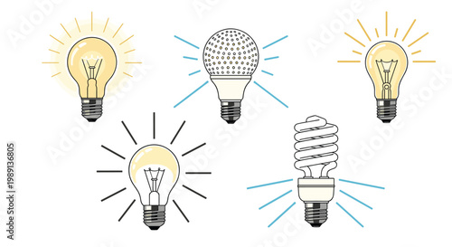Different types of electric light bulbs including traditional incandescent, energy efficient LED, and spiral fluorescent styles are shown.