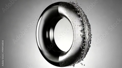 Black tire splashing water in mid-air against a neutral background, showcasing dynamic motion